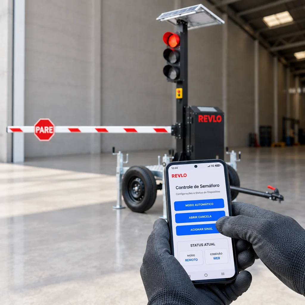 Mão segurando o celular com o aplicativo de controle do semáforo móvel