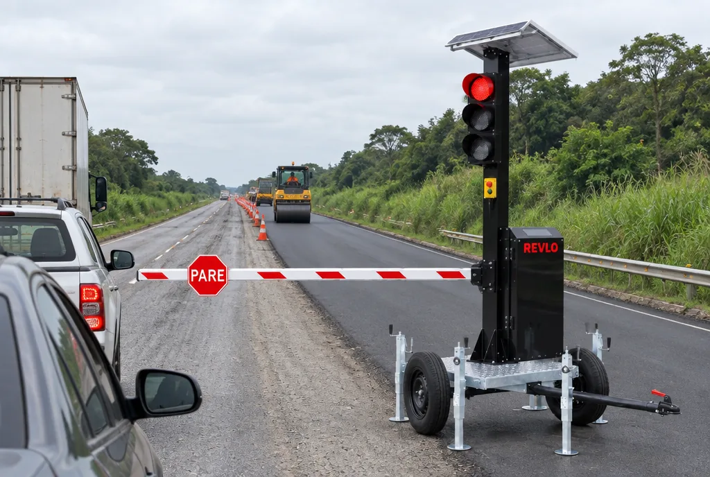 Fila de carros parada diante do semáforo móvel com cancela em obra de meia-pista